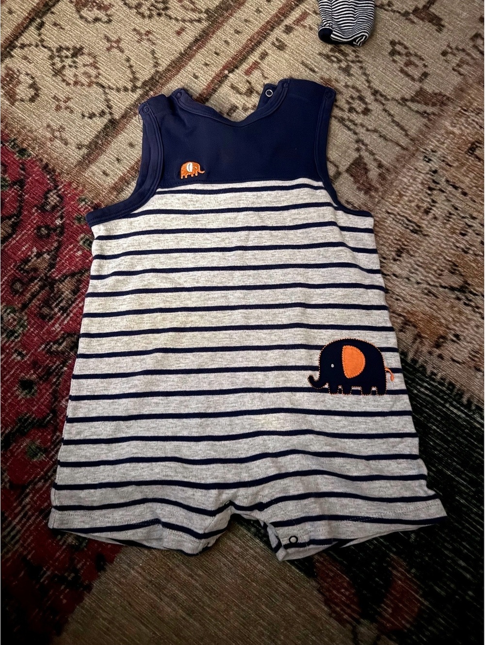 Sleeveless baby romper navy gray striped Little Me elephant